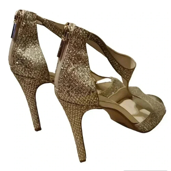 Davids Bridal Womens Sz 8 1/2 Gold Glitter Stiletto Heel Ankle Strap Zipper Heel - Picture 4 of 8